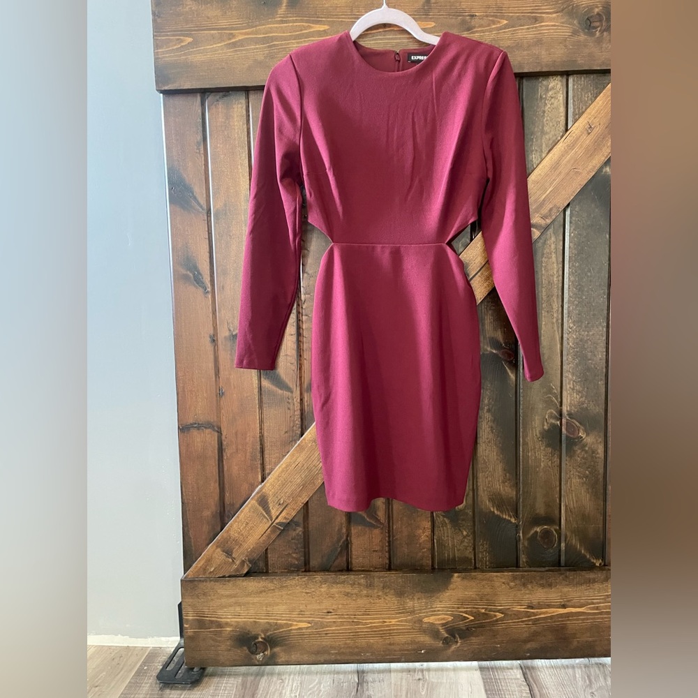 Express wine colored dress with side cutouts and long sleeves XS